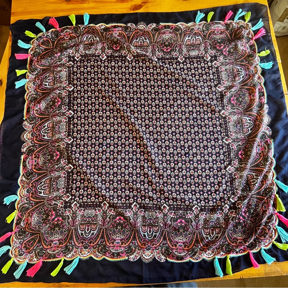 Prana navy scarf with neon tassels